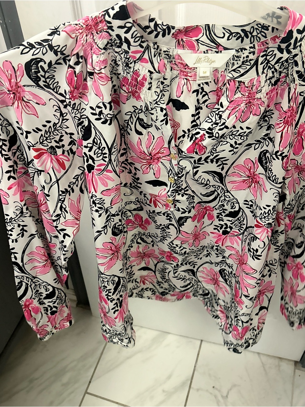NWOT Lilly Pulitzer White Blouse with Pink Floral and Black Vine Print.